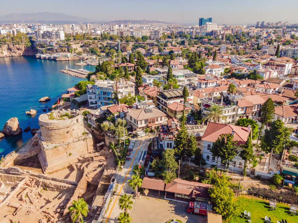 hidirlik tower, landmark of old town in antalya turkey. drone view